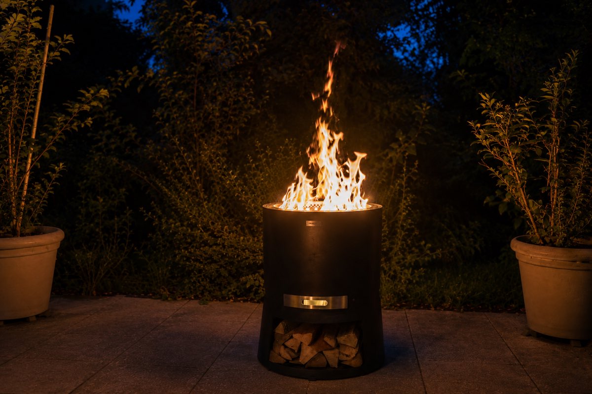 Loderndes Feuer in einer Feuerschale im Garten bei Nacht