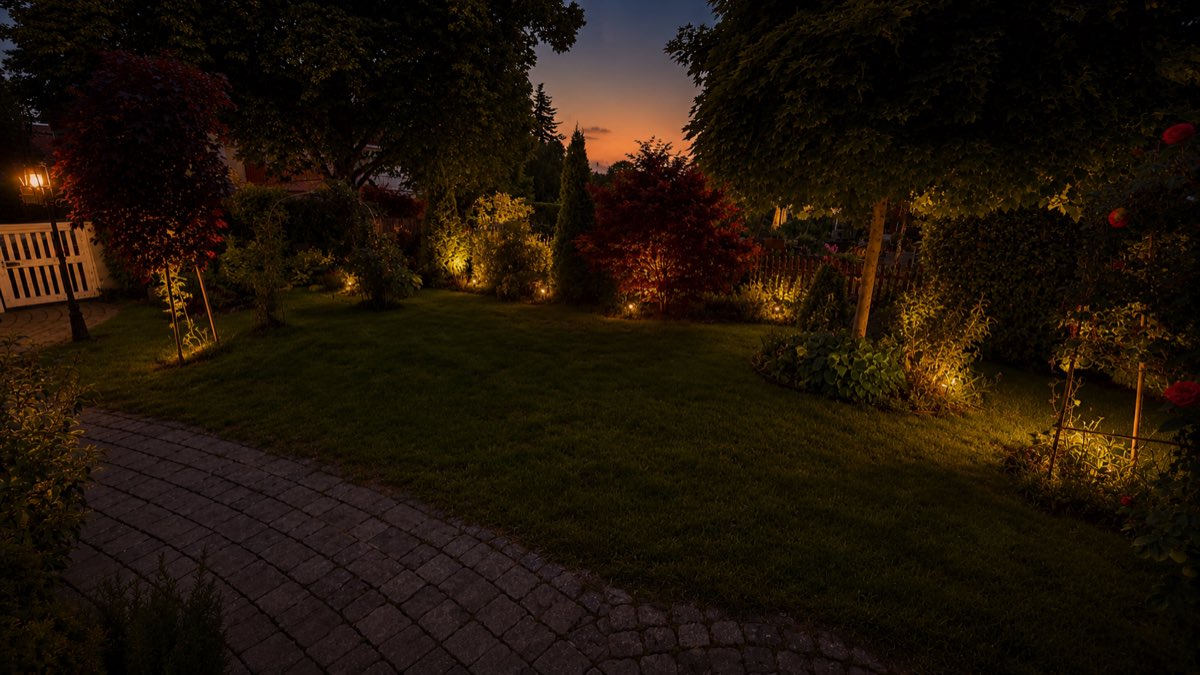 Der nächtliche Garten mit warm beleuchteten Wegen und Abendrot am Horizont