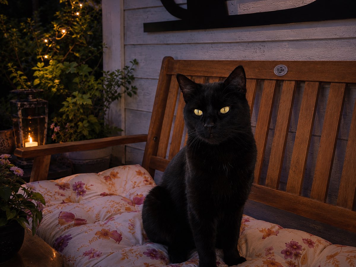 Schwarze Katze auf einer Gartenbank bei Kerzenschein und Lichterkette